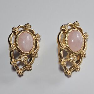 *Sale* Vintage Avon Pink Rose Quartz Cab & Rhinestone Pierced Earrings Gold Tone